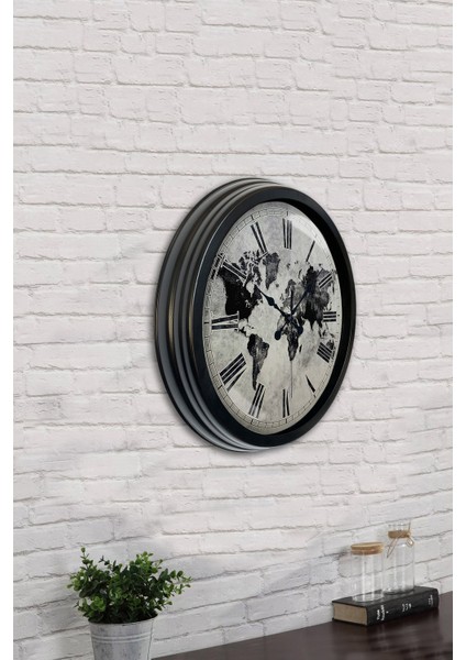 40 cm Siyah Metal Eskitme Dünya Duvar Saati fırsatları
