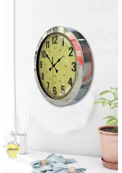 36 cm Krom Metal Sarı Duvar Saati