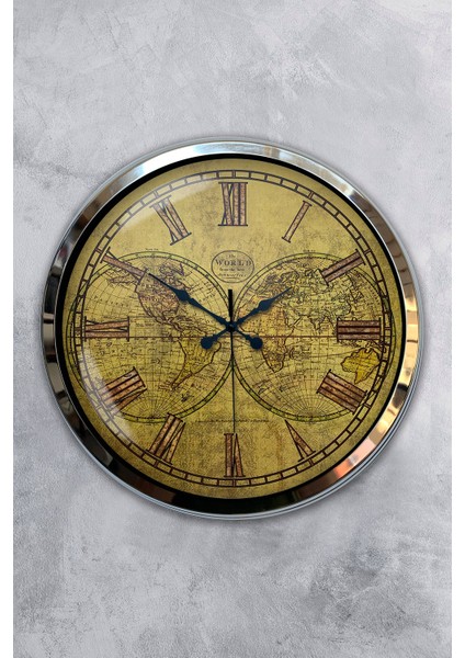 40 cm Krom Metal Maps Duvar Saati