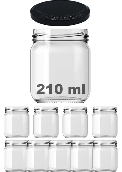 210 cc Kavanoz Metal Siyah Konserve Kapaklı 210 ml Şeffaf Cam Kavanoz 9 Adet