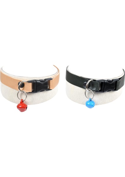 Suni Deri Zilli Kedi Köpek Boyun Tasması 2'li Set Siyah Krem Renk