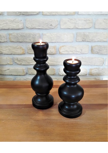 Tornalı El Yapımı Ahşap Ikili Mumluk Mat Siyah