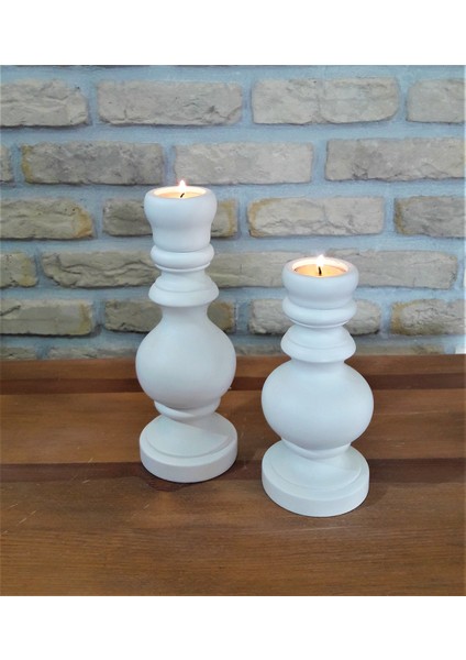 Tornalı El Yapımı Ahşap Ikili Mumluk Mat Beyaz