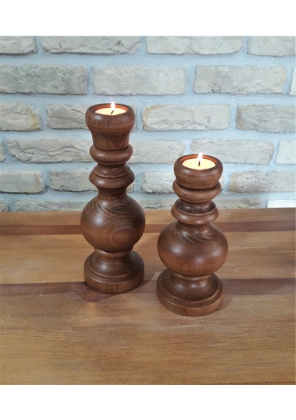 Tornalı El Yapımı Ahşap Ikili Mumluk Açık Ceviz