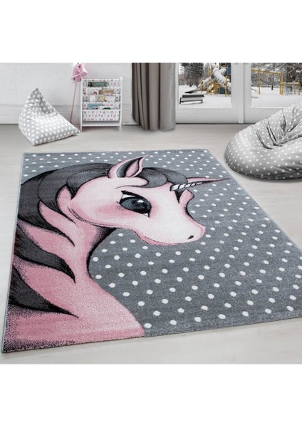 Çocuk Bebek Odası halısı Sevimli Unicorn desenli Puantiyeli gri Pembe