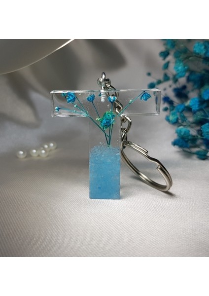 T Harfi Mavi Çiçekli Epoksi Anahtarlık