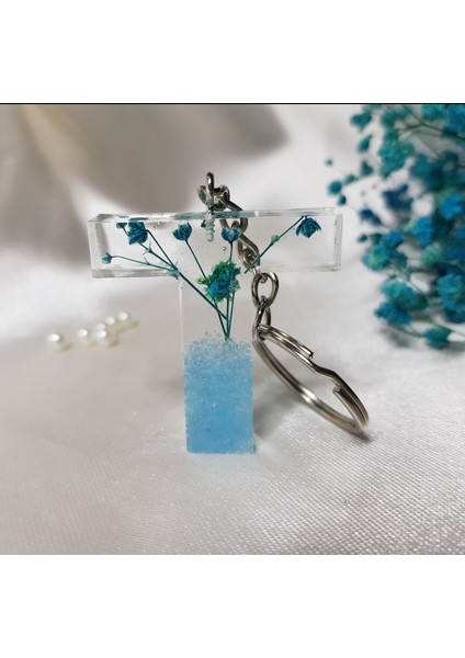 T Harfi Mavi Çiçekli Epoksi Anahtarlık fiyatları