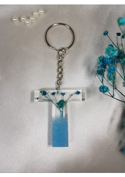 T Harfi Mavi Çiçekli Epoksi Anahtarlık modelleri