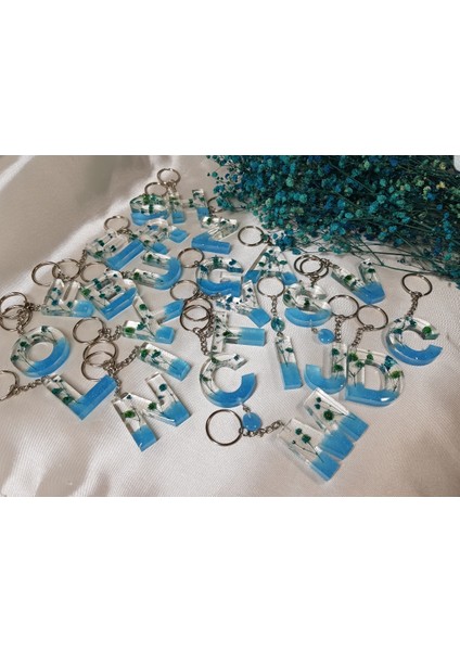 T Harfi Mavi Çiçekli Epoksi Anahtarlık fırsatları