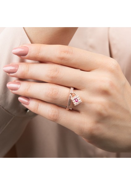 Kilit Detaylı Rose Gold Gümüş Yüzük