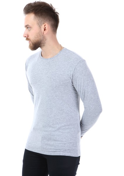 Yuvarlak Yaka Uzun Kol T-Shirt -Gri fiyatları
