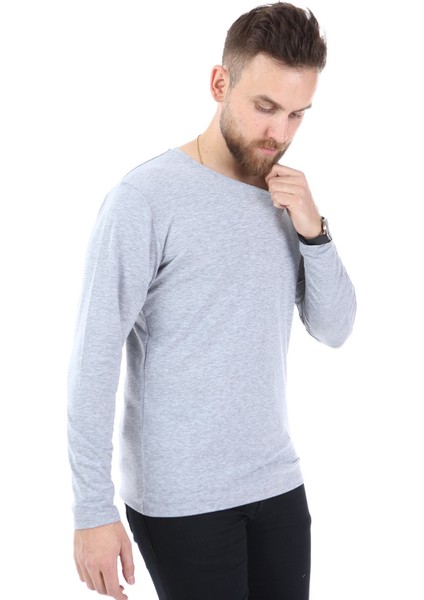 Yuvarlak Yaka Uzun Kol T-Shirt -Gri modelleri