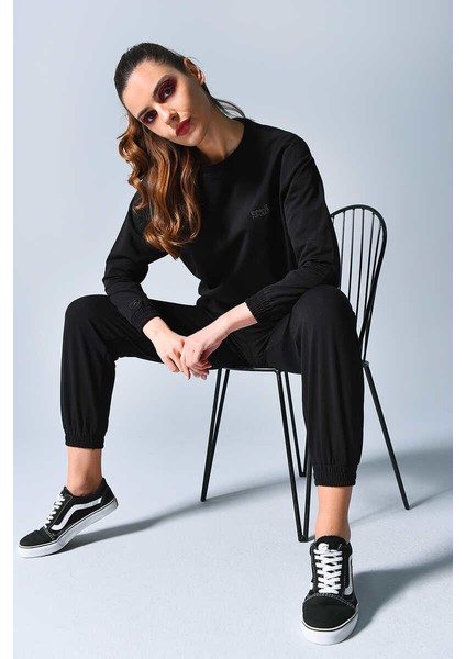 Steward Siyah Kadın Bisiklet Yaka Sweatshirt