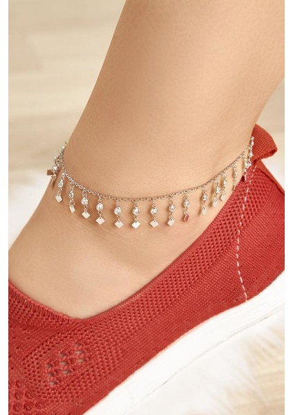 Gümüş Zirkon Taşlı ve Kare Pullu Halhal