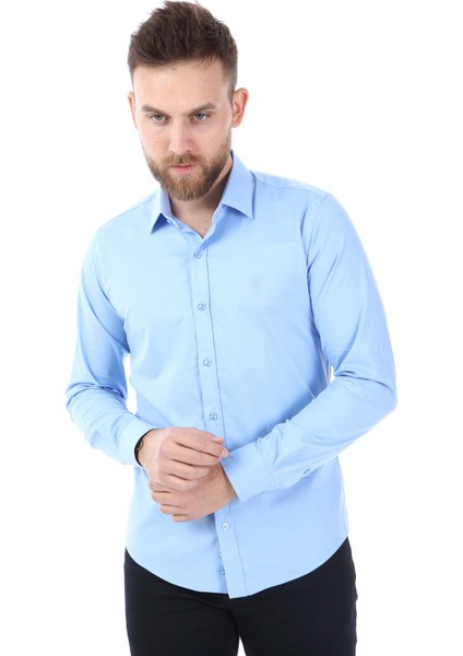 Düz Yaka Slimfit Gömlek - Açık Mavi