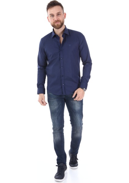 Düz Yaka Slimfit Gömlek - Jean Lacivert