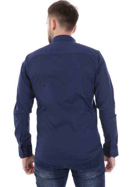Düz Yaka Slimfit Gömlek - Jean Lacivert modelleri