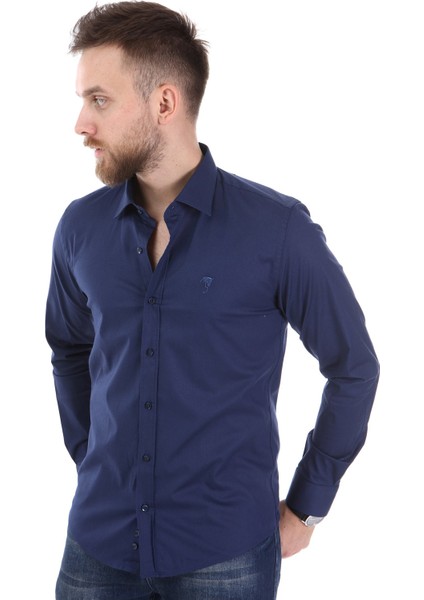 Düz Yaka Slimfit Gömlek - Jean Lacivert fırsatları