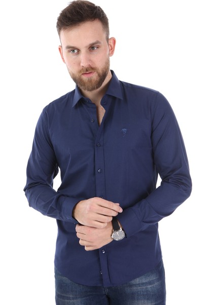 Düz Yaka Slimfit Gömlek - Jean Lacivert indirimleri