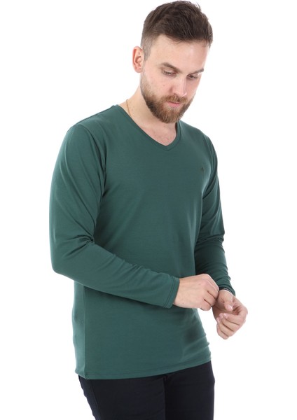 Uzun Kol V Yaka T-Shirt- Yeşil fiyatları