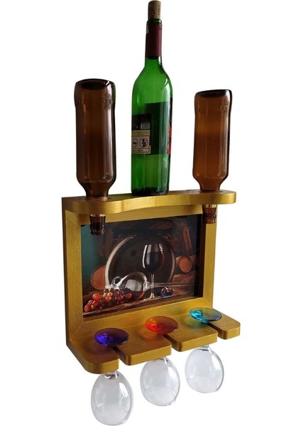 Ahşap Altın Varaklı Şaraplık Kadehlik Salon Bar Duvar Dekoru 35*30 cm