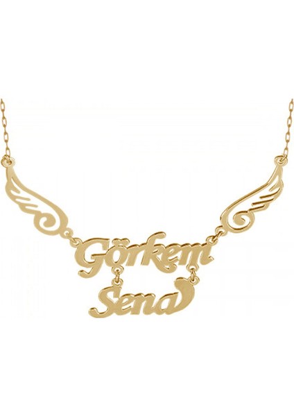 Iki İsimli Gümüş Kolye Melek Kantlı Altın Kaplama