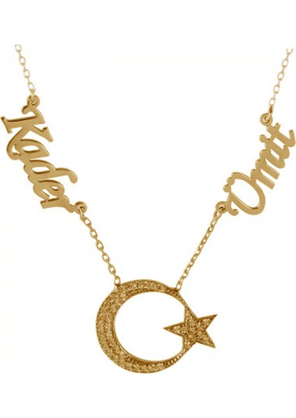 Türk Bayrağı Kolye Iki İsimli Gümüş Altın Rose Kaplama