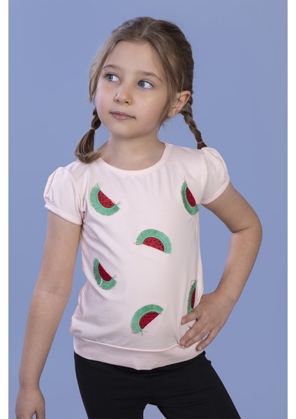 Kız Çocuk Karpuz Nakışlı T-Shirt