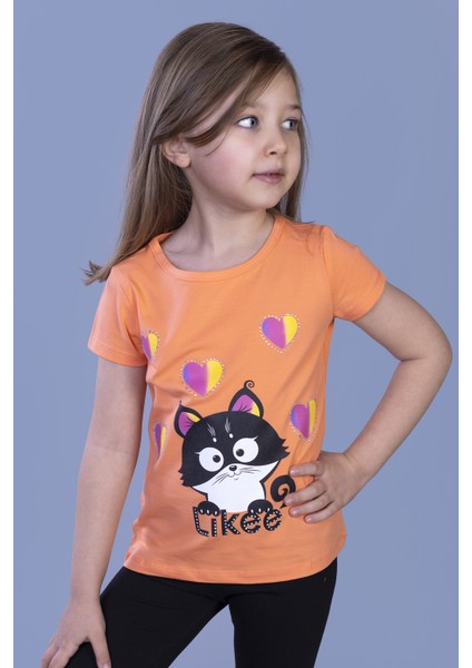 Kız Çocuk Likee Kedi Baskılı T-Shirt
