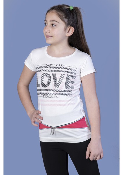 Kız Çocuk T-Shirt Love Varak Baskı Ekru 8 Yaş K-127