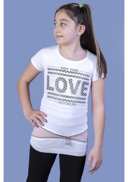 Kız Çocuk T-Shirt Love Varak Baskı K-127 Beyaz 8 Yaş