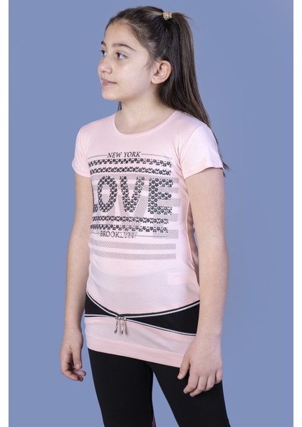 Kız Çocuk T-Shirt Love Varak Baskı Pudra 10 Yaş K-128