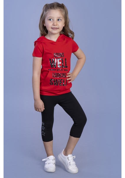 Kız Çocuk Parlak Baskılı Kapüşonlu Kaprili Takım