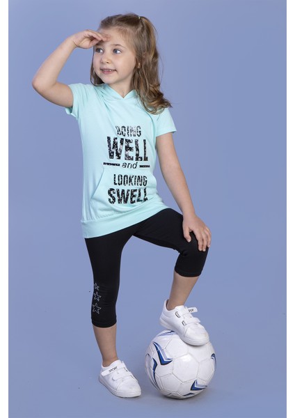 Kız Çocuk Parlak Baskılı Kapüşonlu Kaprili Takım