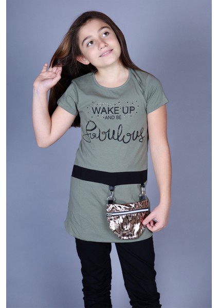 Kız Çocuk T-Shirt Önü Çantalı Haki 8 Yaş K-127