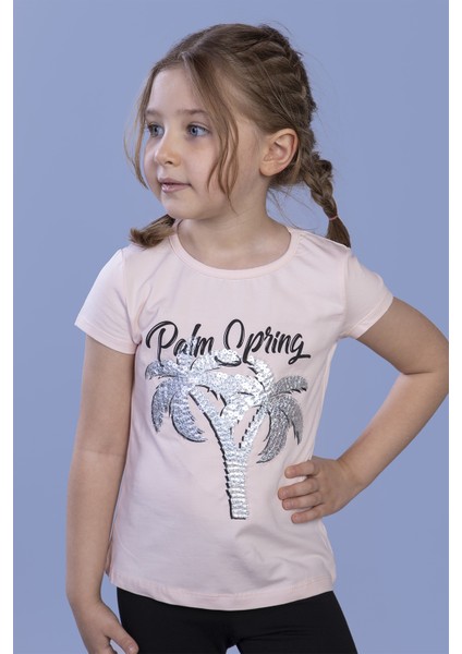 Kız Çocuk Pullu Palmiye Nakışlı T-Shirt
