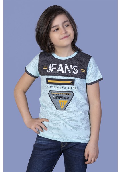 Erkek Çocuk Jeans Baskı T-Shirt Turkuaz 8 Yaş K-269