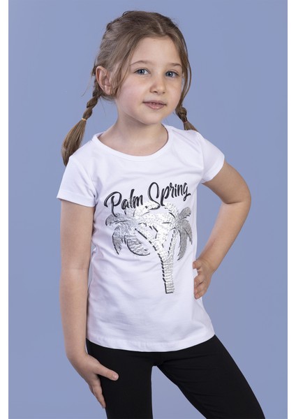 Kız Çocuk Pullu Palmiye Nakışlı T-Shirt