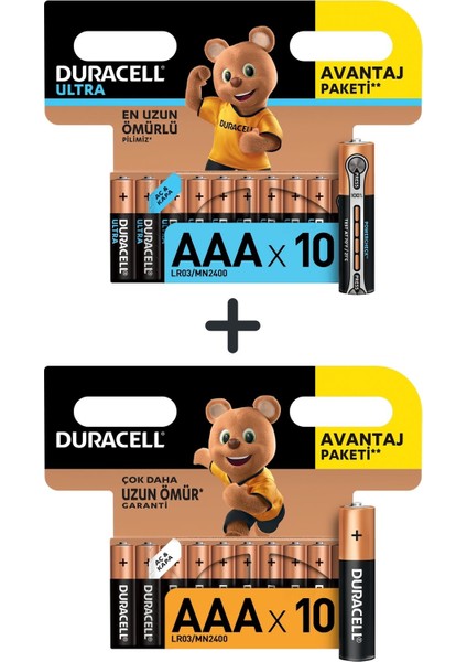 Alkalin Aaa Ince Kalem Piller 10'lu Paket + Duracell Ultra Alkalin Aaa Ince Kalem Piller 10'lu Paket
