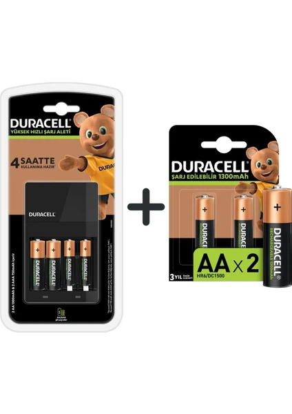 Cef 14 Şarj Aleti + 2 Adet Aa ve Aaa Pil Duracell 4 Saat Şarj Cihazı 1 Adet + Duracell Şarj Edilebilir Aa 1300 Mah Piller 2'li Paket