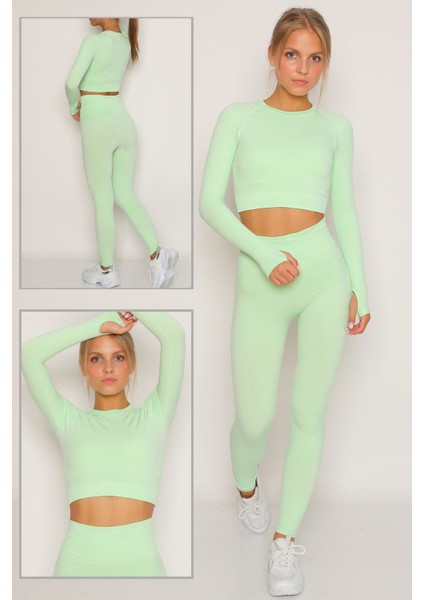 Kadın Extra Yüksek Bel Dikişsiz Spor Tayt Crop ile Takım
