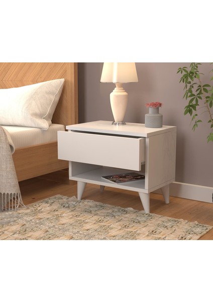 Nightstand Çekmeceli Bölmeli Komodin Ayaklı Beyaz