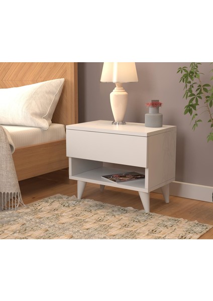 Nightstand Çekmeceli Bölmeli Komodin Ayaklı Beyaz fiyatları
