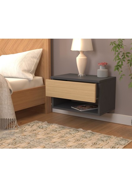 Nightstand Çekmeceli Bölmeli Komodin Meşe Antrasit