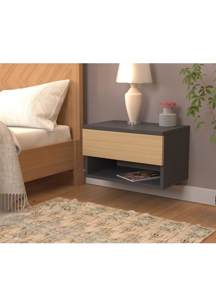 Nightstand Çekmeceli Bölmeli Komodin Meşe Antrasit fiyatları