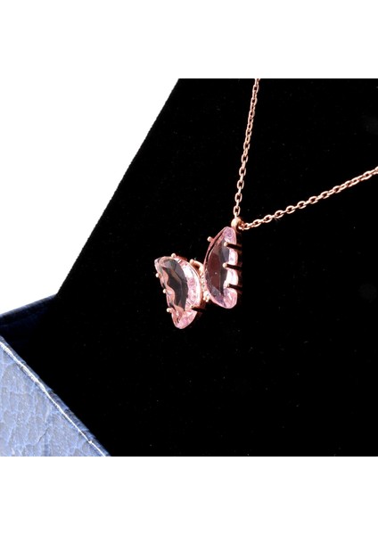 925 Ayar Gümüş Zirkon Taşlı Mavi & Pembe Kelebek Kolye