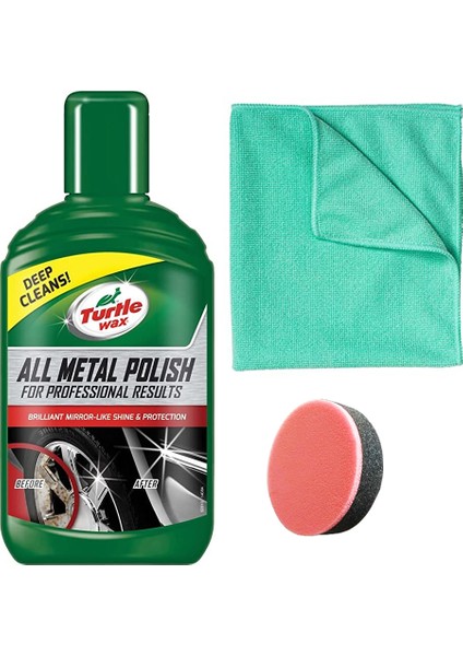 Turtle Wax Krom ve Metal Parlatıcı 300 ml + Cila Süngeri + Mikrofiber Bez