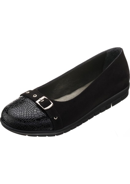 K1548 Siyah Tokalı Kroko Baskı Detaylı Süet Komfort Taban Büyük Numara Kadın Ayakkabı