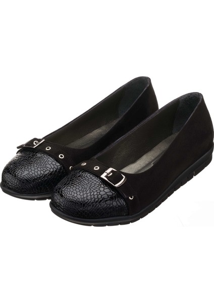 K1548 Siyah Tokalı Kroko Baskı Detaylı Süet Komfort Taban Büyük Numara Kadın Ayakkabı indirimleri