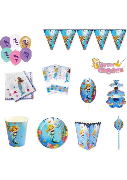 Deniz Kızı Ariel Doğum Günü Süsleri Masa Seti Parti Seti 16 Kişilik Full Set